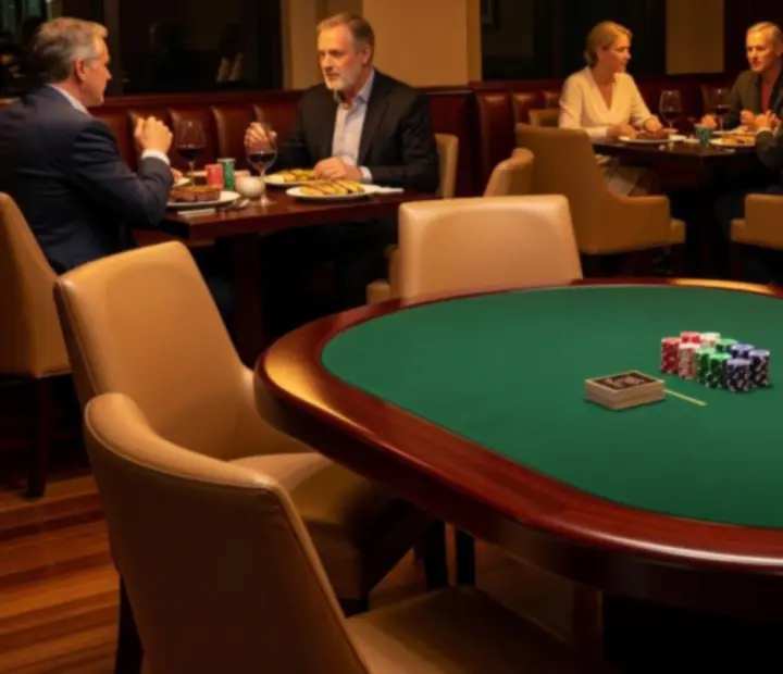 Dedicated poker card room with comfortable seating, tournament tables and warm lighting.