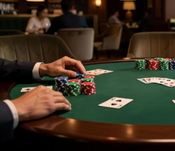 Close-up of poker table with chip stacks, cards, and focused lighting in the card room.