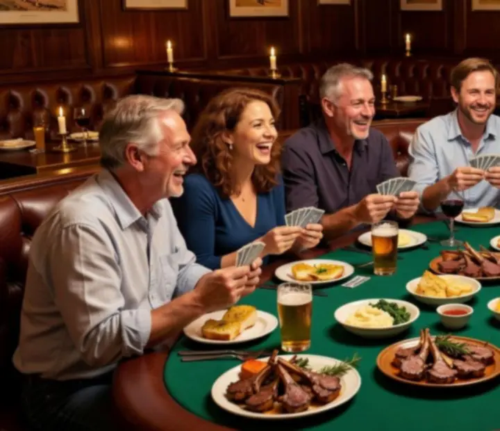 Guests enjoying shared plates and drinks beside a poker table in the card room.