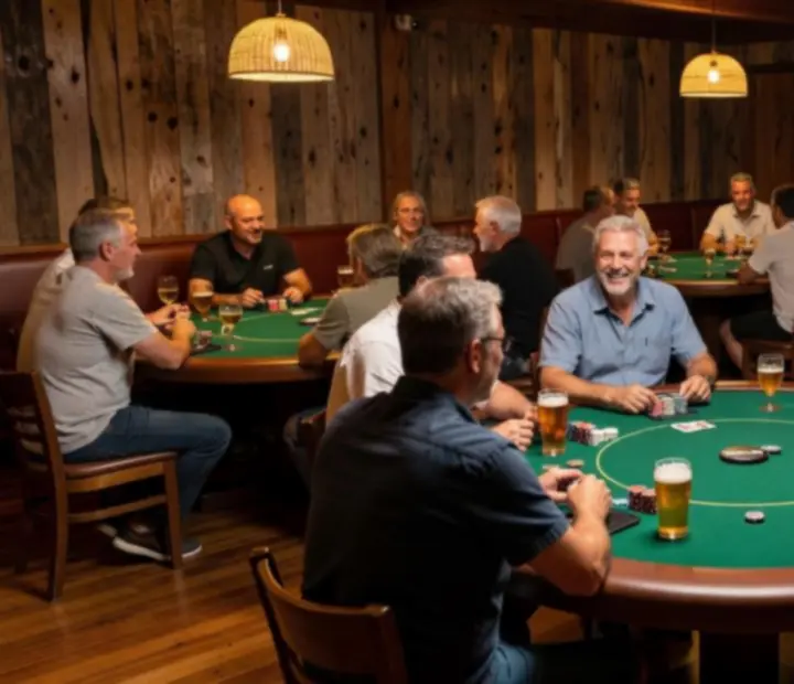 Players gathered around a poker table in a softly lit Australian restaurant card room
