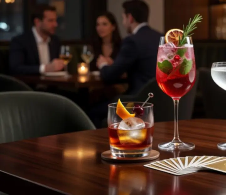 Cocktail and non-alcoholic drinks on a bar near the poker lounge