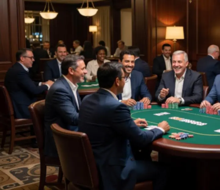 Corporate poker event with colleagues seated around tournament tables in the Kingsand Hearth card room