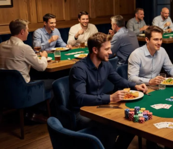 Warmly lit poker tables set beside a modern Australian restaurant dining space