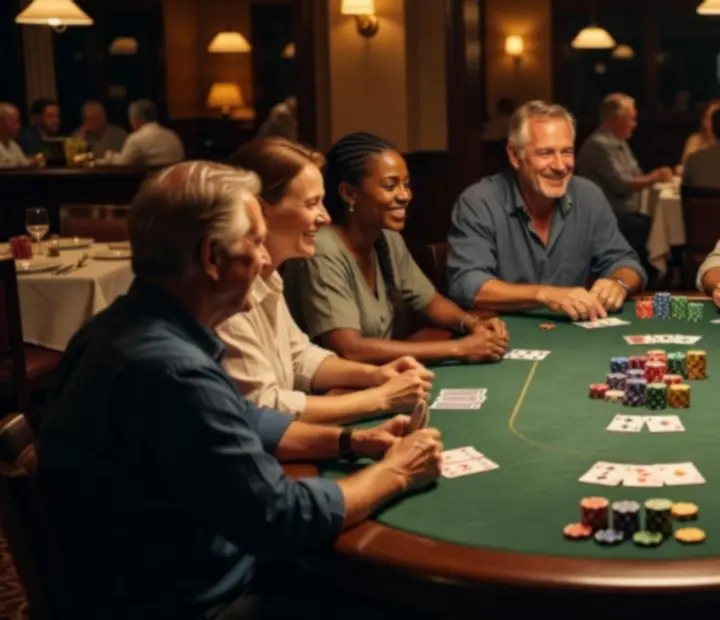 Warmly lit card room at Kingsand Hearth with poker tables and comfortable seating