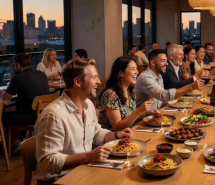 Group dining in the Kingsand Hearth restaurant with shared dishes and warm lighting