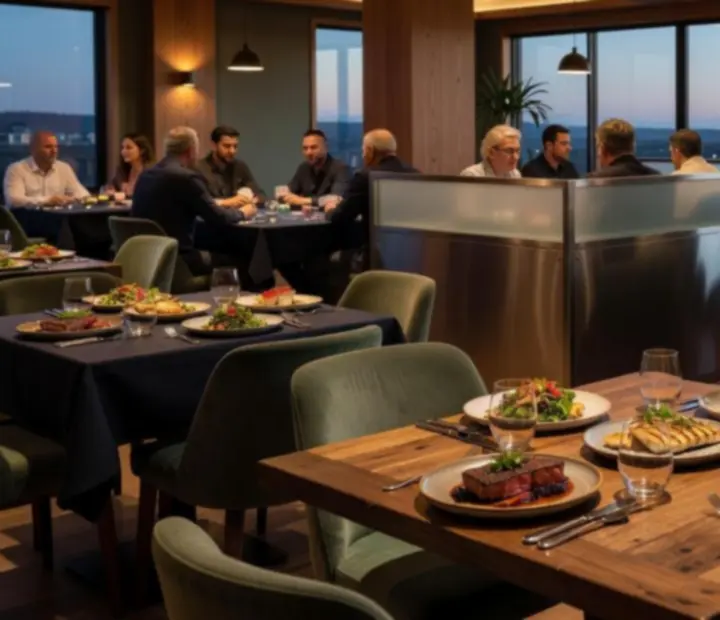 Warm Australian restaurant interior with poker table, cards, chips and shared dishes.