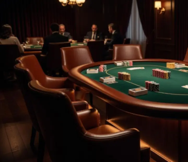 Premium high roller-style poker table set with cards, chip stacks, and soft lighting
