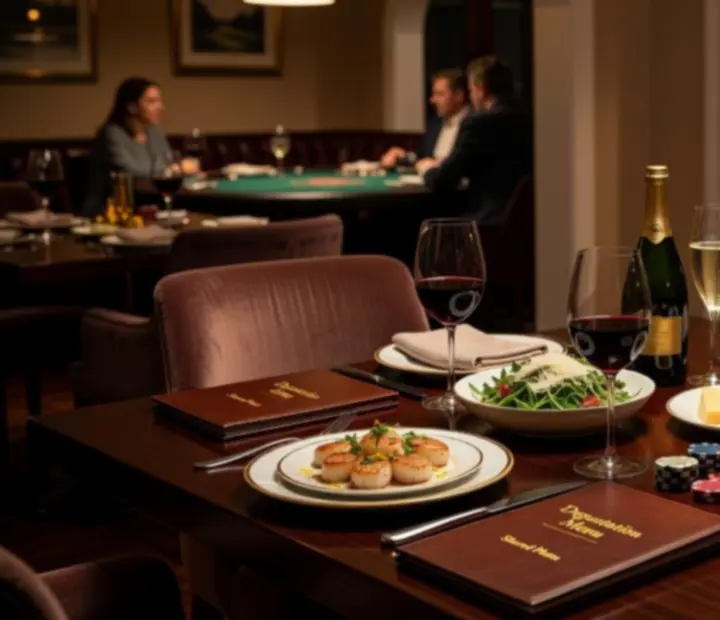 Warm restaurant table set with shared dishes near the poker card room