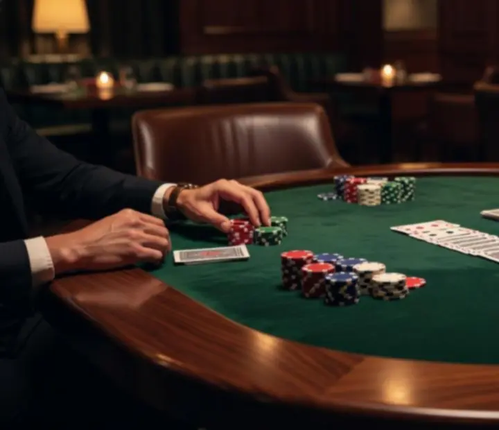 Close-up of a poker table with cards and chip stacks in a warmly lit restaurant card room