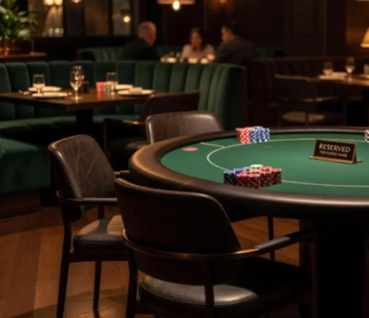 Reserved poker table with cards, chips and warm lighting ready for guests.