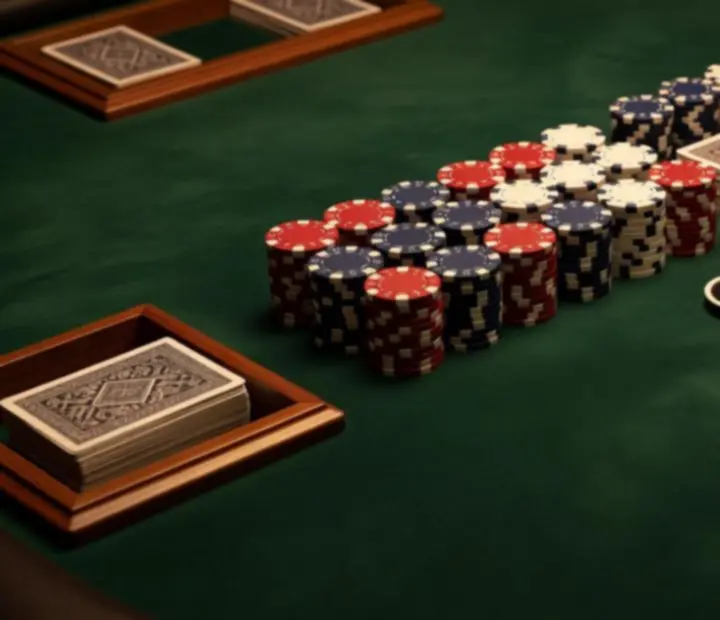 Professional poker table layout with chip trays, card shoes and neatly arranged seating.