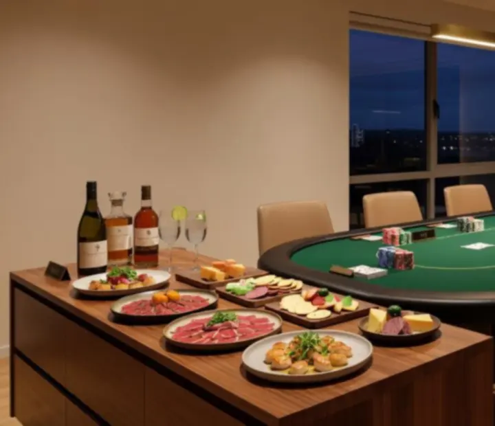 Private poker night at Kingsand Hearth with players seated around a Texas Hold'em tournament table