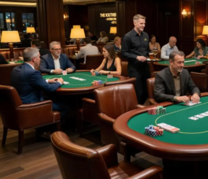 Kingsand Hearth card room with poker tables set for live play