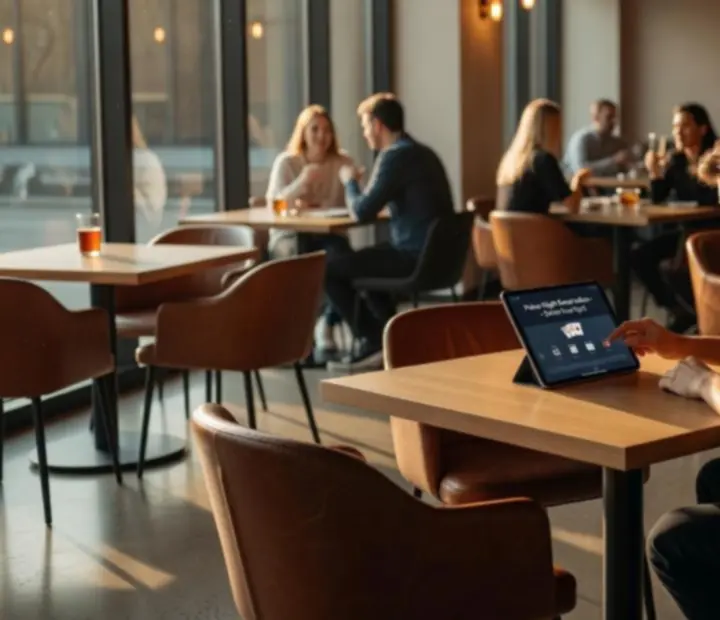 Guest browsing Kingsand Hearth poker night options on a device at a restaurant table