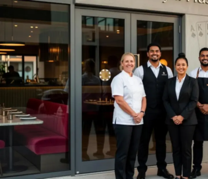 Restaurant team welcoming guests to Kingsand Hearth with warm hospitality.