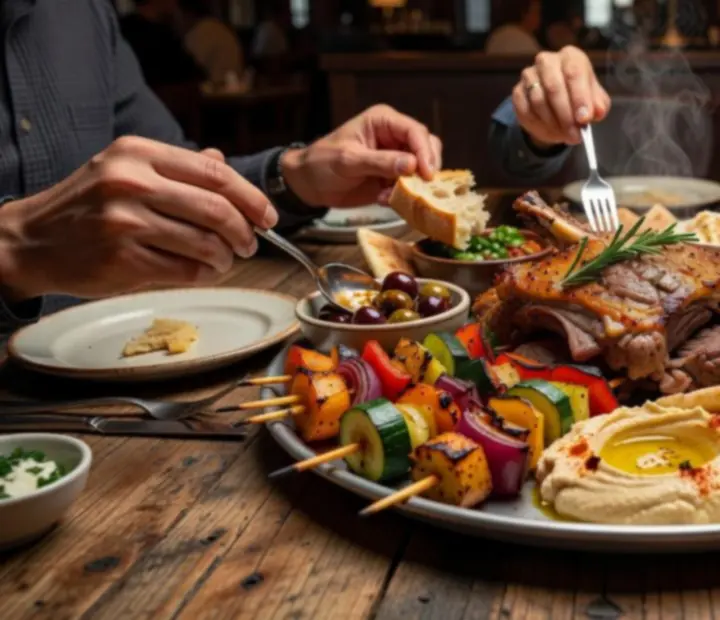 Shared plates and platters arranged on a warm restaurant table