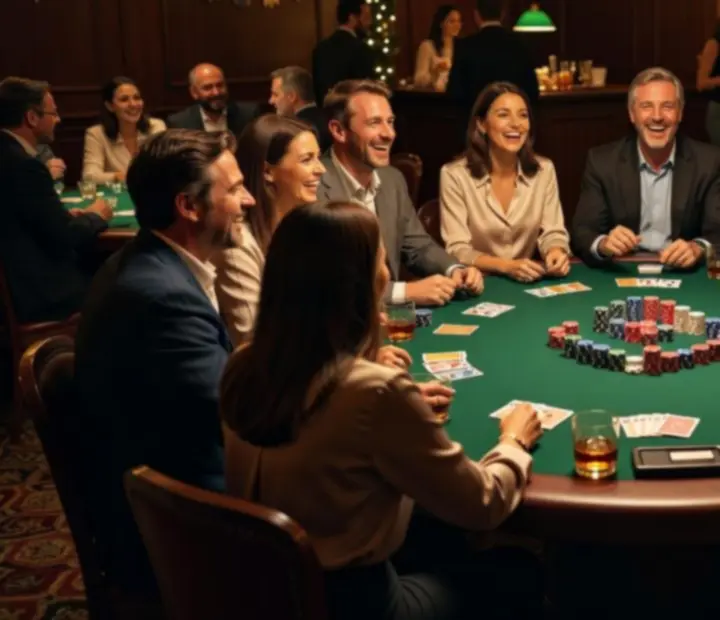 Special event poker night with themed table setup and players enjoying the card room