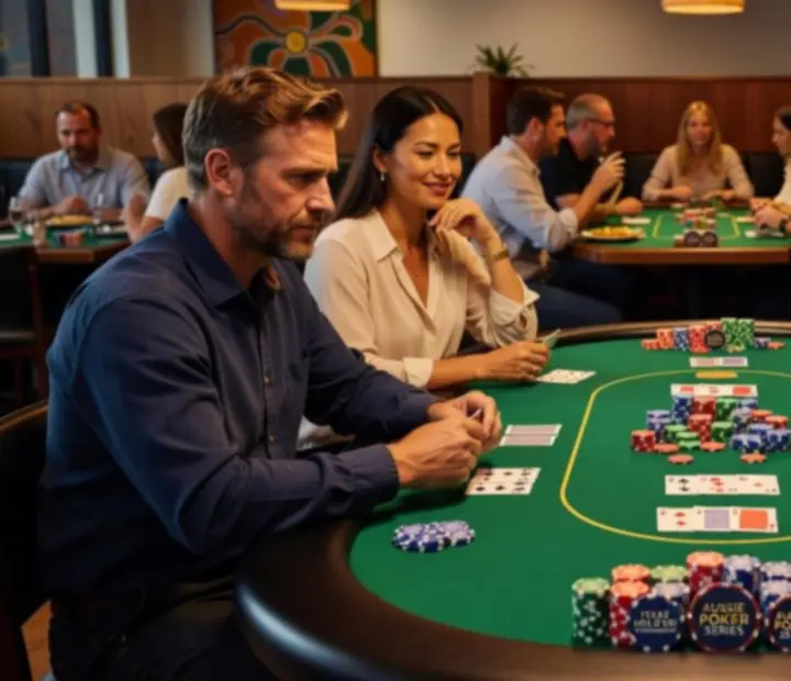 Texas Hold'em poker hand in progress around a tournament table