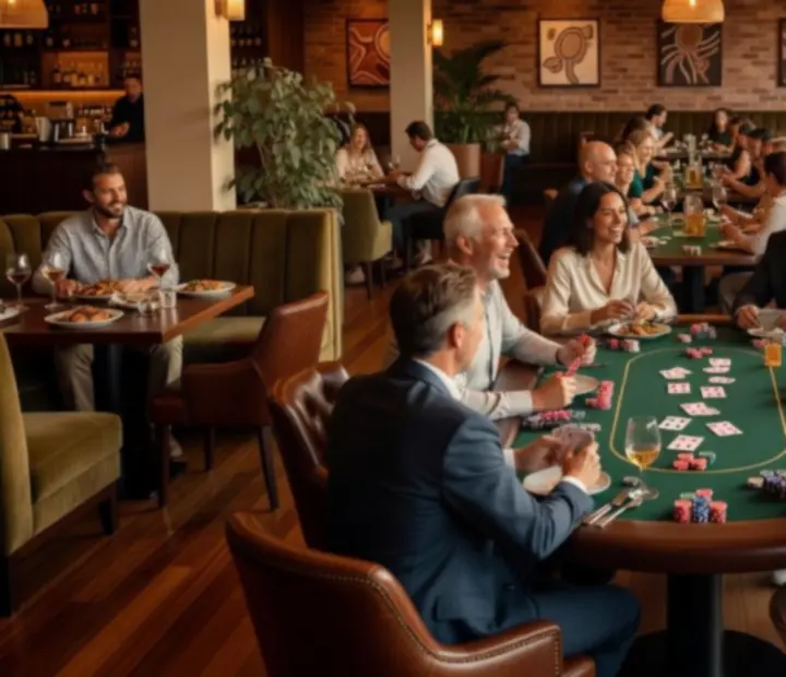 Warm Australian restaurant interior with poker tables and guests sharing food.
